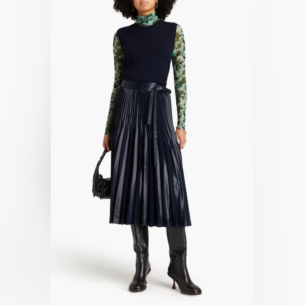 3.1 Phillip Lim Chintz Pleated Satin Midi Skirt Midnight NWT